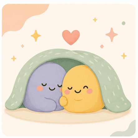 Kawaii characters resting together under a cozy blanket